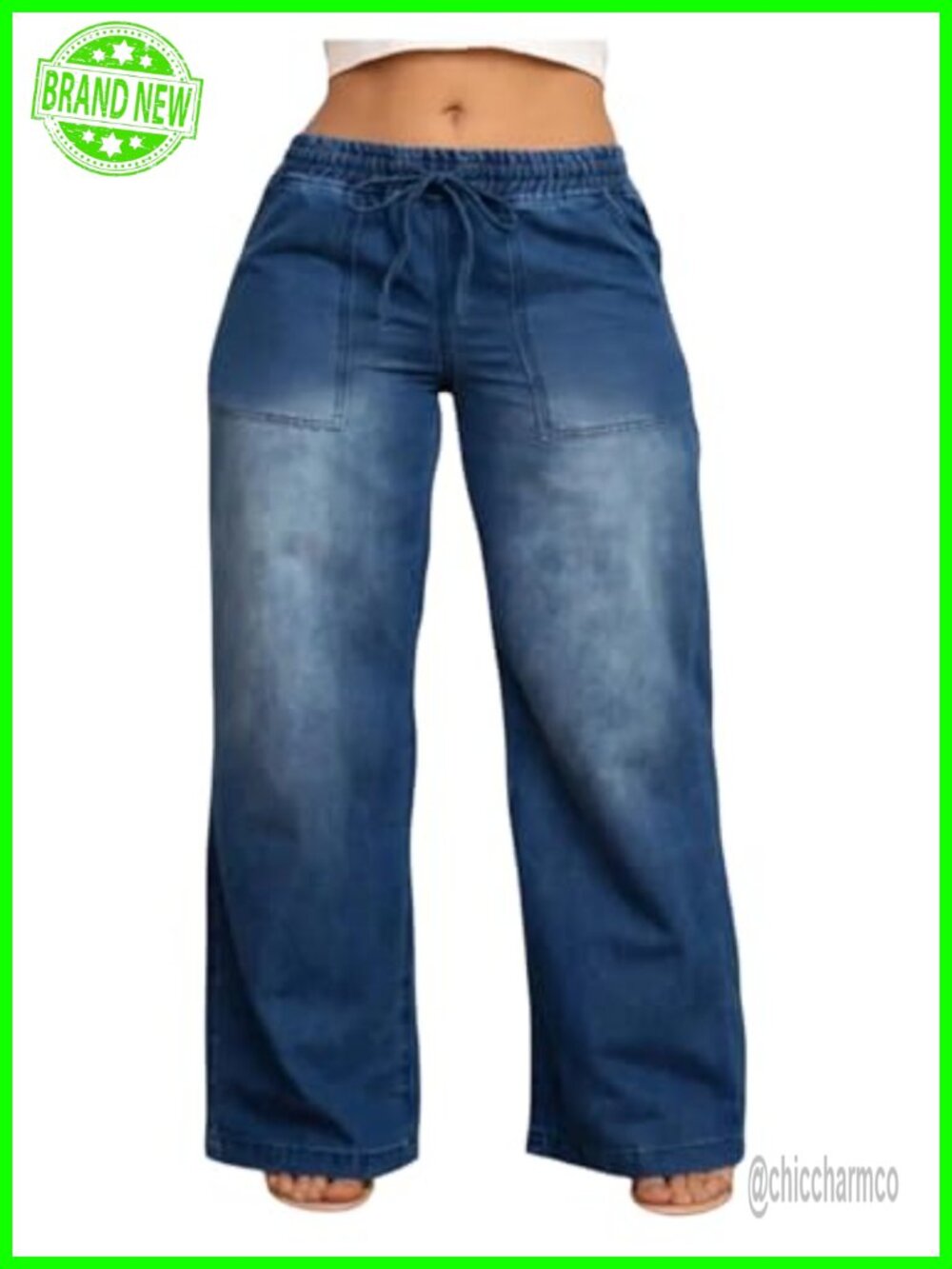 Plus Size Drawstring Waist Wide Leg Baggy Denim Jeans Loose Fit Pants